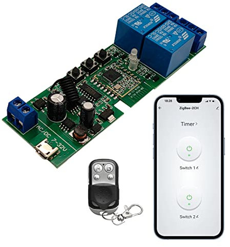 Zigbee Módulo de relé inteligente de 2 canales con control remoto 433 RF USB 5V 7-32V Interruptor Jog/Lock para eWelink ZigBee Hub, Tuya Smart ZigBee Hub,Alexa/Google Home (requiere ZigBee Hub)