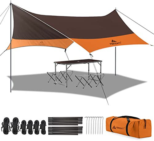 Forceatt 3.7 x 4.3m Tenda Parasole da Campeggio Tarp con 2 Pali, Tenda da Sole Telone Anti-UV(UPF50+) Impermeabile Può Essere Utilizzato con Auto,Tenda e Amaca per Escursioni, Giardino e Viaggi.