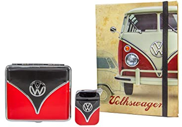 VW Zigarettenetui + Feuerzeug Set - Original Volkswagen Lizenzartikel (Variante 1) Bus Samba T1 Etui Zigarettenbox Schachtel 20 Zigarette Buch Etui Box Metall Frauen Männer Gas