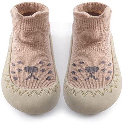 Exemaba Baby Sockenschuhe Rutschfeste Niedlicher Cartoon Weicher Stricken Babybodenschuhe Kleinkind Schuhe 1-Paar(Kaffee-Löwe,Tag21/ 6-12M)