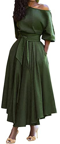 Sommerkleid Damen Knielang Petticoat Kleid Kleider festlich Damen Schräge Schulterkragen Halben Ärmeln Einfarbig Maxikleid mit Gürtel Partykleid mit Tasche Strand Kleid (M, Grün)