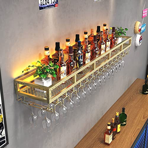 Porte-Bouteilles De Vin Mural - Etagere Murale Suspendu - Range Bouteille en Fer Forgé, Support De Rangement Vintage/Porte-Verre À Vin, Porte-Bouteille De Vin/Porte-Plante/casier À Vin (Color : Gold