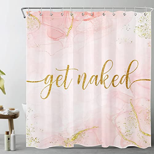 LB Rosa Marmor Duschvorhang 180x200cm Komisch Gold Nackt Werden Antischimmel Wasserdicht Badezimmer Vorhänge, Luxus gestreift Extra Lange Polyester Stoff Bad Vorhang mit Haken
