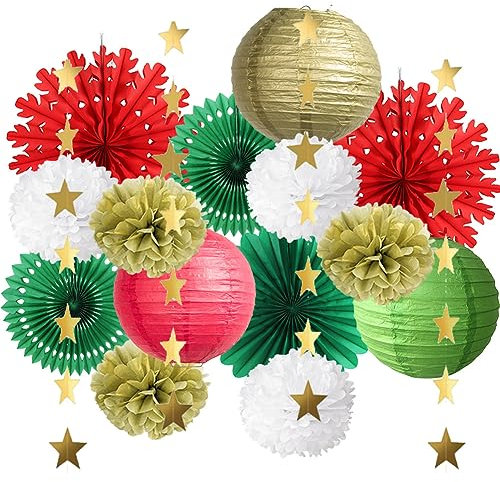 Christmas Party Decorations Indoor Red Green and Gold Christmas Decorations Paper Hanging Snowflake Fans Paper Lanterns with Star Garland Gold for Winter Red Green White Christmas Birthday Baby Shower