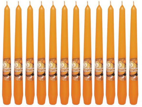 Dekohelden24 Duft-Stabkerze, Leuchterkerze mit weihnachtlichem Zimtorange Duft, 12 Stück, Duftrichtung Christmas-Orange in orange, Größe: H/Ø ca. 25 x 2 cm, 60 gr