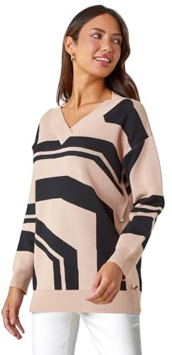 Roman Originals Grid Pattern V-Neck Knit Jumper for Women UK - Ladies Everyday Autumn Winter Round Neckline Comfy Soft Evening Vacation Work Party Night Out - Camel & Black - Size 12