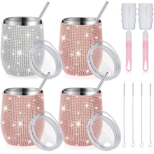 4 Set Bling Bottles Diamond Water Bottles Bling Rhinestone Cups 12 oz Stainless Steel Rhinestone Wine Tumbler with Lids Straws and Cleaning Brush Insulated Glitter Cups for Women(Multicolored)