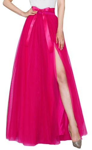 EllieHouse Erwachsene Geteilter Langer Bodenlanger Abschlussball Party Abend Tüllrock P61, Knallpink (Hot Pink), Klein