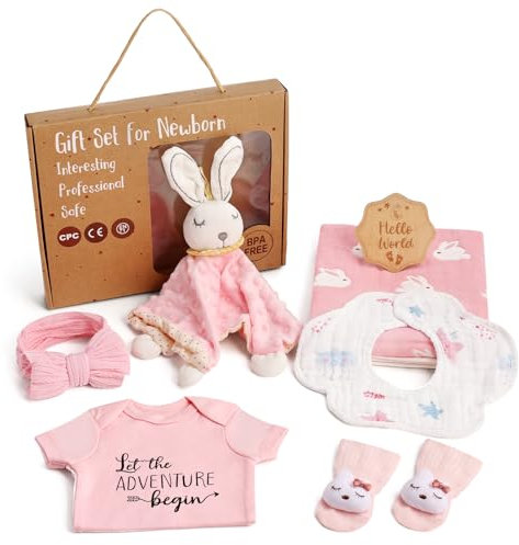 Lictin Geschenke zur Geburt, Rosa Geschenk zur Geburt Mädchen, Babygeschenke zur Geburt Mädchen mit Strampler, Decke, Lätzchen, Socken, Kopftuch, Kaninchen Schmusetuch, Baby Holzschild