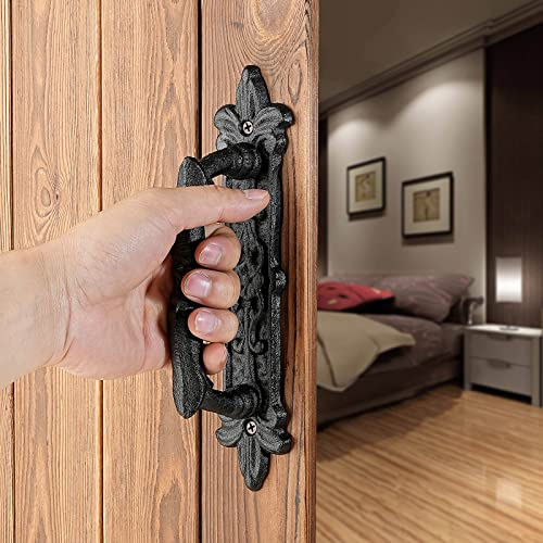 INIRET 4 Packs 8.9 Black Barn Door Handles, Cast Iron Gate Handles | Heavy Duty Rustic Carved Door Pull，Rustic Vintage Gate Fence Outdoor Garage Closet Drawer Cabinet Handles