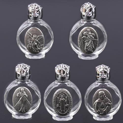5 botellas de agua bendita en relieve, crucifijo, escultura virgen, vial para el hogar y viajes, 5 unidades