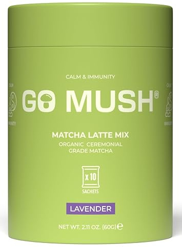 GO MUSH Organic Matcha Latte Mix Lavender – Ceremonial Grade Sachets – Smooth Plant-Based Matcha Drink – 10 Single-Serve Sachets