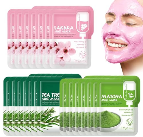 VEROA 21 Pieces Clay Mask - Natural Cherry Blossom/Tea Tree/Green Tea Face Mask - Deep Cleansing Anti Aging Brightening Hydrating Face Mask for All Skin Types Face Masks Skincare - 5g*21