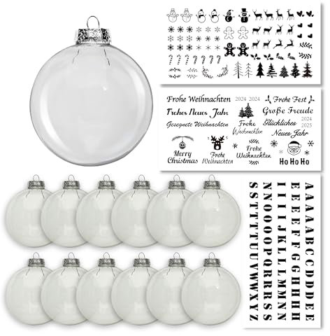 LUCOZA 12 Stück Glas Weihnachtskugeln, 80mm Befüllbare Aufhänge DIY Kugeln für Weihnachten, Hochzeit, Feiertage, Durchsichtige Transparente Christbaumkugel Glaskugel