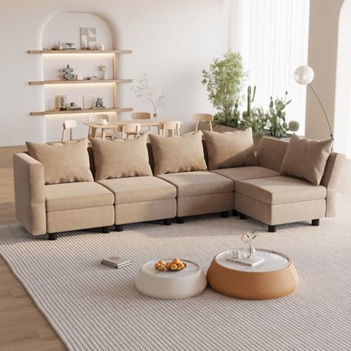 Flamaker Couch L Form, Ecksofa mit Stauraumbettkasten und Polstermöbel, Convertible Sectional Sofa mit Winkelverstellbaren Armlehnen und Rückenlehnen (Beige, 5 Seats)