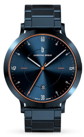 Lilienthal Berlin Zeitgeist Automatik Uhr Blue Orange – hochwertige Herrenuhr am dunkelblauen Edelstahl-Armband aus blauem Chirurgenstahl mit einem Automatikwerk & Saphirglas – 42,5 mm