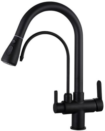 Trinkwasser 3-Wege-Filter Wasserhahn Küche - Küchenarmatur Mit Brause Ausziehbar, Messing 2 Hebel Spültischarmatur Mischbatterie Für Osmoseanlage, 3 In 1 Armatur Küche Für Wasserfilter, Schwarz