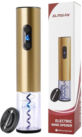 ELMWAY Battery Electric Wine Opener – Electric Corkscrew with Foil Cutter, Dual LED Lights, Transparent Window & Fast Cork Removal, Stainless Steel (Requires 4 AA, Not Included) – Gold