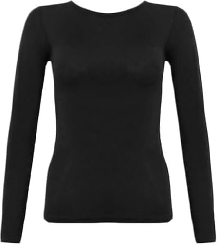 Ladies Long Sleeve T-Shirt Top Plain - Round Neck - Women's Casual T Shirt - Soft Stretchy Slim fit Tee Tops UK (UK, Numeric, 8, 26, Regular, Regular, XL (16-18), Black)