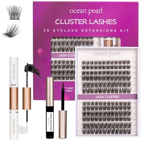 Ocean Pearl Cluster Lashes Kit 144PCS Individual Eyelashes 10-16mm DIY Lash Extension Kit with Strong Hold Eyelash Glue Natural Lash Clusters D Curl Eyelash Extension Kit with Bond and Glue-DM28