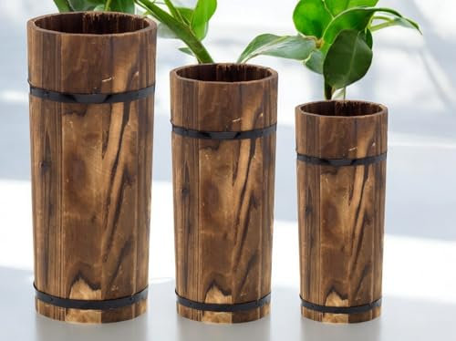 Lot de 3 pots de fleurs hauts en bois de style bambou pour décoration intérieure et extérieure avec 3 tailles assorties par lot (S, M, L) (ensembles moyens (48 cm, 44 cm, 39 cm)