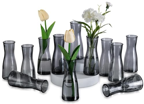 Glasseam Kleine Vasen Glas für Tischdeko: Schmale Vase Grau Glasvasen Set | 12 Stück, 14cm Minimalistische Blumenvase Klein, Tischvasen Deko, Wohnzimmer, Esstisch Tafelaufsatz, Hochzeit, Party