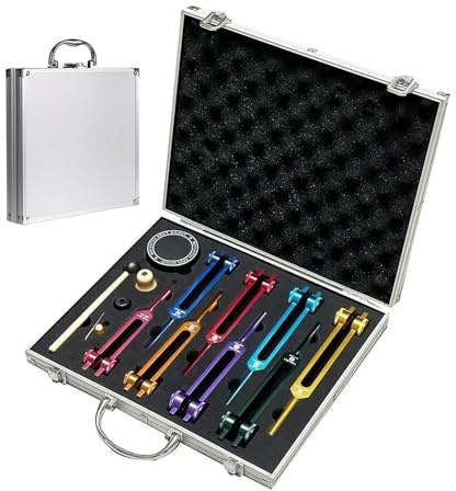 NEWFUN Stimmgabel,Stimmgabel Neurologie,8er Set mit Sockel + 1 Silikonhämmer und Reinigungstücher für Klangtherapie Gewichtete Stimmgabel Geeignet für Meditation, Anti-Kompression