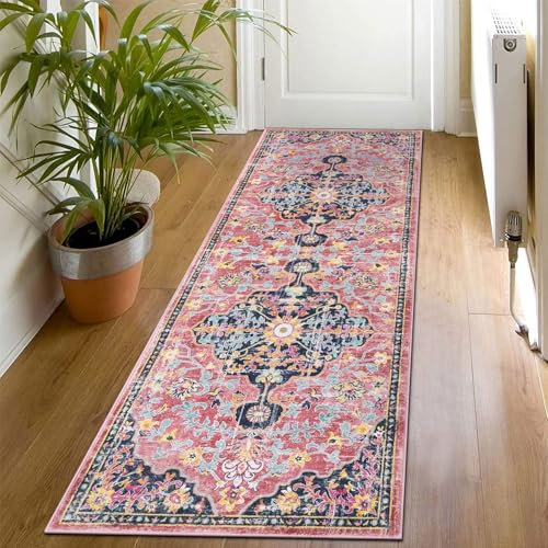 SHACOS Boho Teppich Läufer Flur rutschfest 60x180 cm Kurzflor Flauschiger Teppichläufer Flur Weich - Küchenteppich Waschbar- Vintage Teppich Läufer für Flur, Küche, Schlafzimmer, Hellrosa