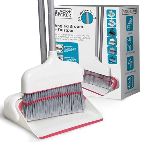 BLACK+DECKER Butler Broom & Dustpan Set - Stand-Up Design - Lightweight, Space-Saving Combo for Kitchen, Living Room, Bathroom, Lobby Floors - Home Cleaning Essential, White/Pink
