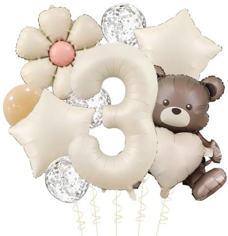 VIKY Bär Geburtstagsdeko 3 Jahre Junge mit Gänseblümchen Folienballon,Bär Deko 3. Geburtstag Junge Mädchen,Bären Luftballon 3. Geburtstag Deko Set mit Zahl 3 Ballon,3 Geburtstage Jungen Deko Geschenk