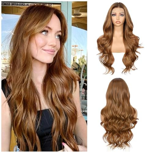 Sapphirewigs Lace Front Perücke 13x4 Synthetische Körper Welle Ingwer Perücken Dunkle Wurzeln Damen Party Datum Täglich Tragen Natürlich Aussehen Weihnachten 26 inch