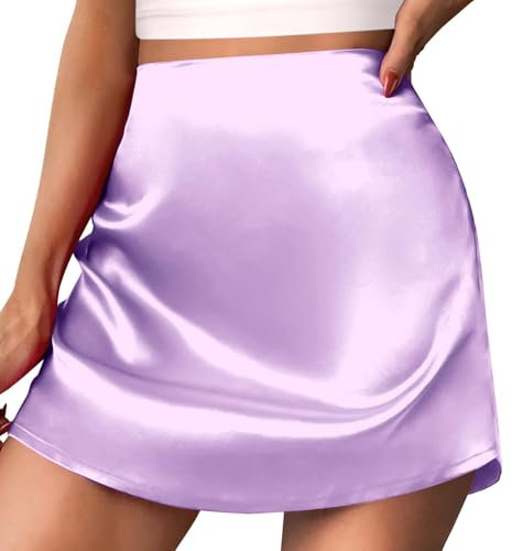 2025 - Minifalda para mujer, cintura alta, cremallera, cinta de satén, falda forrada, sexy de cintura alta, Lila., XS