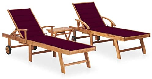 SDWEHO7 2er Set Sonnenliegen aus Holz, Liegestuhl, Gartenliege mit Tisch, Auflagen & Rollen, wetterfest Outdoor Relaxliege für Balkon und Terrasse, Massivholz Teak