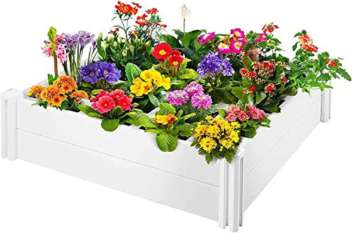 Hochbeet aus PVC, für den Außenbereich, 115 x 115 x 34 cm, schraubenlose Montage, Wachstumsgitter inklusive, perfekt für Gemüse und Blumen, DIY-Gartenarbeit, langlebiger Palettenrahmen