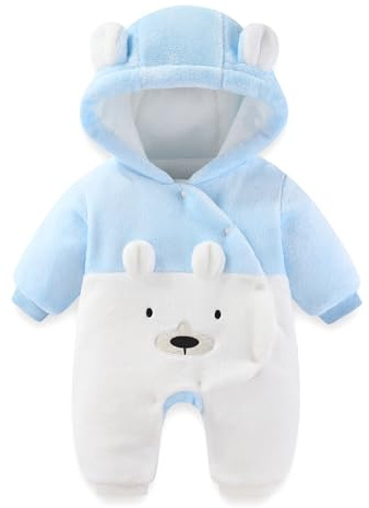 WYTbaby Baby Snowsuit Fleece Romper, Thicken Bear Hooded Jumpsuit For Toddler Girls Boys Infant Outfit 0-3 Months Light Blue