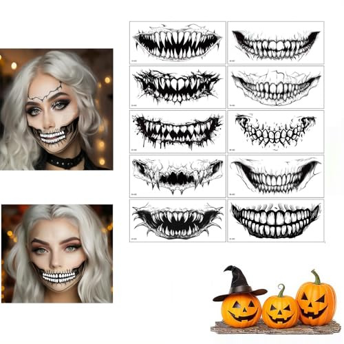 Halloween Accessoires, Halloween Mund Tattoo, Temporäre Tattoos Skull Mund Gesichtsaufkleber Tattoos Set 10 Modelle Wasserdichte Hallo ween Make Up Gesichtstattoo (A)