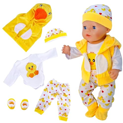 5 Stück Puppenkleidung Outfit für 36-43 cm BornBaby Puppen | Baby Kleidung mit 1 Hühner Strampler Hose Kapuzenweste Mütze Schuhe, Puppenkleidungsset Puppenzubehör für Mädchen Jungen