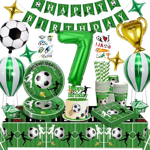 7 Años Decoracion Cumpleaños Futbol,Set Decoracion Fiesta Niños Futbol Globos Cumpleaños,Platos,Mantel,Vasos,Servilletas,Pancartas,Pajitas