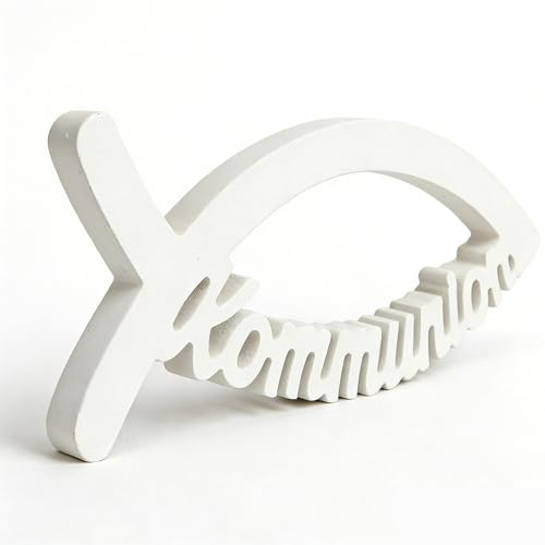Kommunion Deko,Mädchen Junge Erstkommunion Fisch Tischdeko,Erste Konfirmation Weiß Fische Kommunionsdeko,Weiße Buchstaben Tisch Kerzenhalter Dekoration für Holy Communion Heilige Taufe Kerzenständer