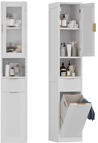 Feonase 67 Tall Bathroom Cabinet, Narrow Bathroom Storage Unit with Removable Laundry Basket & Reeded Glass Door &1 Drawer, Tall Bathroom Cabinets Free Standing for Small Spaces, White
