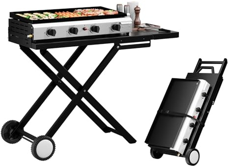 ROVSUN 4 Burner Foldable Propane Griddle with Wheels & Enameled Tray, 40000 BTU Portable Flat Top Gas Grill with Electronic Ignition & Regulator for Outdoor Cooking Camping BBQ Tailgating Party