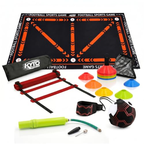 Kyto Sports Fußball Trainingsset für Kinder & Erwachsene – 5-teiliges Fußball Set mit Kickmatte, Solo Trainer, Koordinationsleiter, Markierungshütchen & Ballpumpe - Technik, Dribbling & Agility