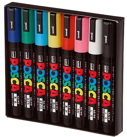 POSCA Mitsubishi Pencil - 8 Marqueurs PC5M - Pointe Conique - Couleurs Classiques Pointe Moyenne - Marqueurs Peinture à Base d'Eau - Tout Support - Pour Papier, Textile, Verre, Galet, Bois