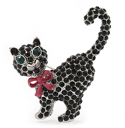Broche « Chat avec nœud rose » en plaqué rhodium noir de jais – 45 mm de largeur