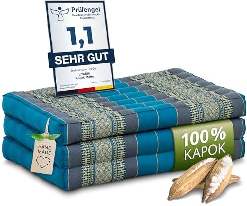 livasia Nachhaltige Kindermatratze aus Kapok - 140x70x8cm - Klappmatratze, Reisebett Kinderbett faltbar, ökologische Yogamatte klappbar, Spielmatte, Liege für Garten und Balkon (Hellblau)