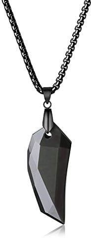 COAI Men's Black Stone Viking Wolf Tooth Necklace, Faceted Black Obsidian Pendant, Stainless Steel Box Chain, 24 (60cm), Classic, Casual