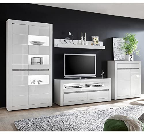 Lomadox Wohnwand im Ultra modernen Design in Weiss Hochglanz mit LED