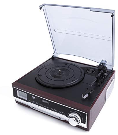 CAMRY CR 1168 Plattenspieler mit Radio FM, Bluetooth, AUX- Eingang, Wecker, USB, MP3, SD, Schallplattenspieler mit 2 eingebauten Lautsprechern, LCD - Anzeige, Aufnahmefunktion, braun/schwarz, 36 x 36 x 19 cm