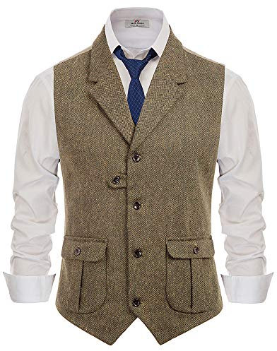 PJ PAUL JONES Herren-Weste, Fischgrätenmuster, Tweed-Wollmischung, schmale Passform, B-Kaffee, Medium