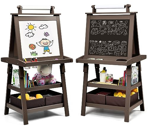 COSTWAY 3 in 1 Kinder Staffelei, Kindertafel doppelseitig, Whiteboard & Kreidetafel & Zeichenpapier, Standtafel inkl. Magneten, 2 Regalebenen Holztafel mit 2 Aufbewahrungsboxen (Kaffe)